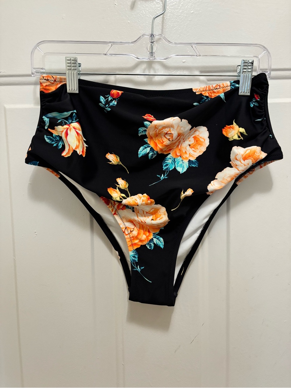 Cupshe Black High-Waist Bikini Bottom with Orange Floral Print